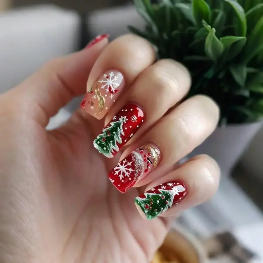 24PCs Christmas Press On Nails, Green Pine Snowflake,Medium Almond Coffin Full Cover With Glue, Winter Xmas Party Gift For Women