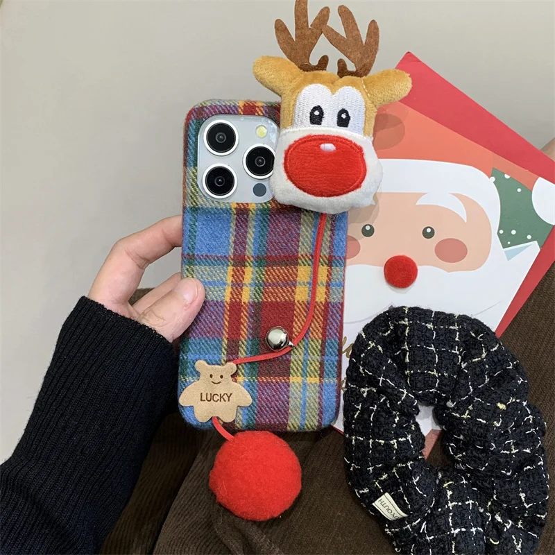 Cute Cartoon Plush Gingerbread Man Elk What About Cashmere Wool Luxury Lattice Phone Case For iPhone 13 14 15 16 Pro Max Cover