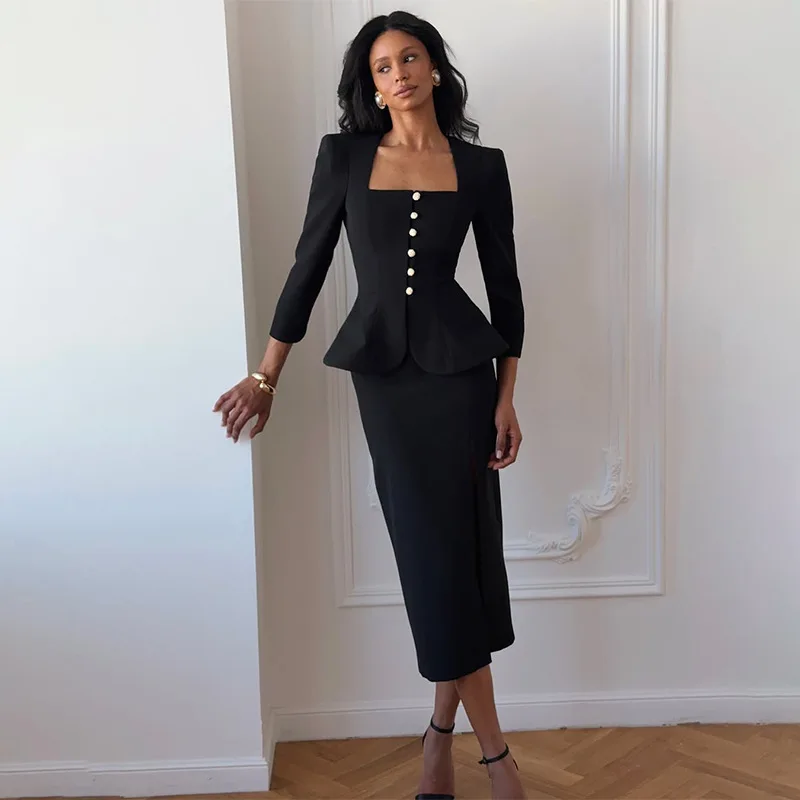 

2025 New Solid Color Long Sleeve Square Neck Button Up Blouse Bodycon Maxi Skirt Fashion Suit Women Elegant Two Piece Set
