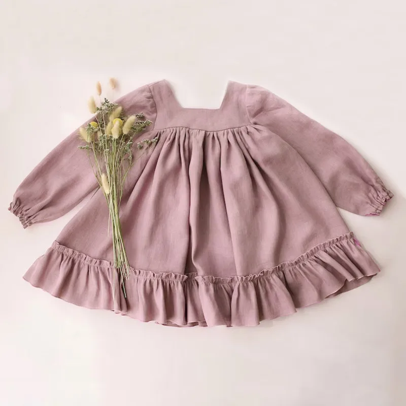 Vintage Toddler Long Sleeve Dress Baby Girl Festival Party Princess Dresses Kids Girl Cotton Linen Clothes