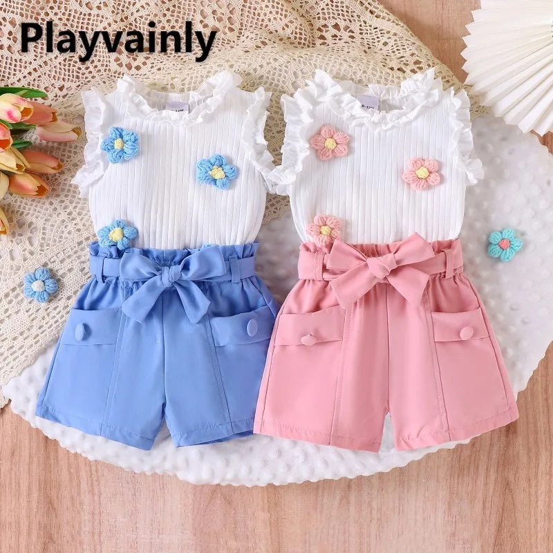 

Летние комплекты для девочек, милый топ без рукавов с 3D цветочным принтом и рюшами на краях, воротник в полоску + розовые синие шорты, модная детская одежда Y0045