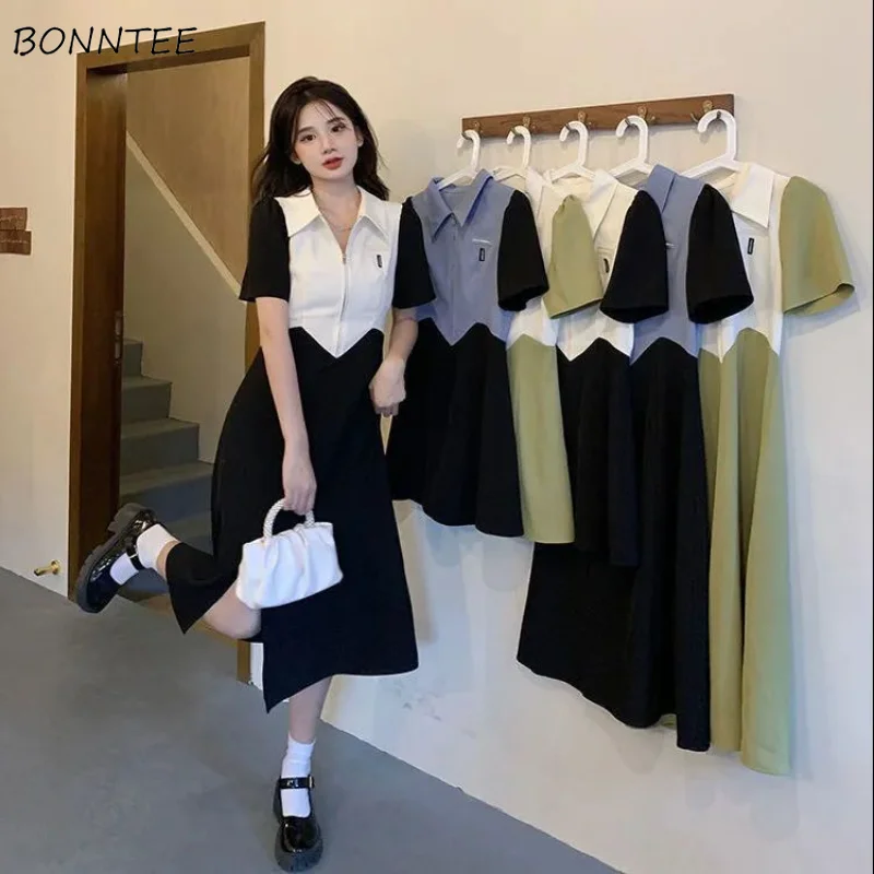 Short Sleeve Dresses Women Design Panelled Split A-line Summer New Aesthetic Clothing Harajuku Daily Streetwear Mujer Vestidos