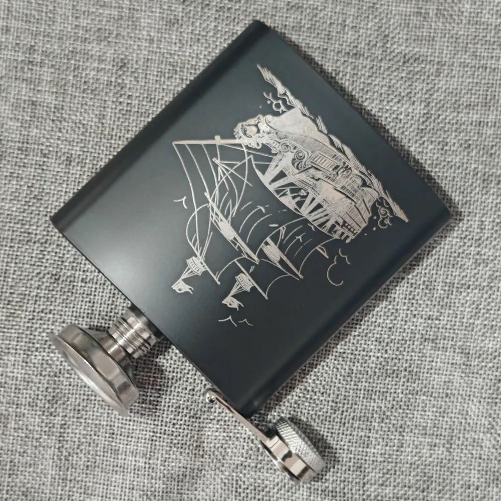 Pirate Ship Outdoor Drink ware Stainless Steel 304 6OZ Hip Flasks For Liquor Alcohol Black Color Flask Gift For Man