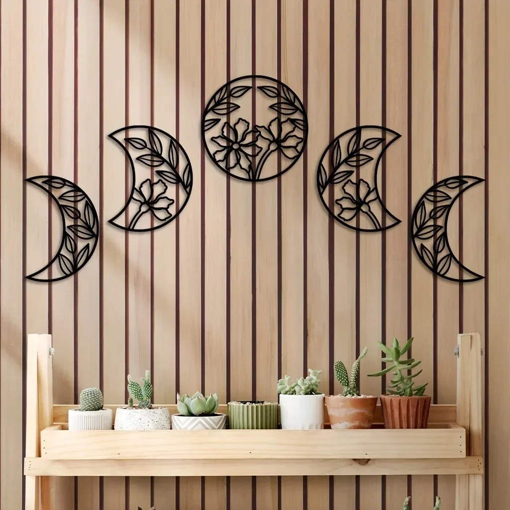 

5pcs Moon Phase Wall Mounted Decor Flower Leaf Home Art Decor Metal Moon Phase Nordic Decoration Wall Ornament Livingroom