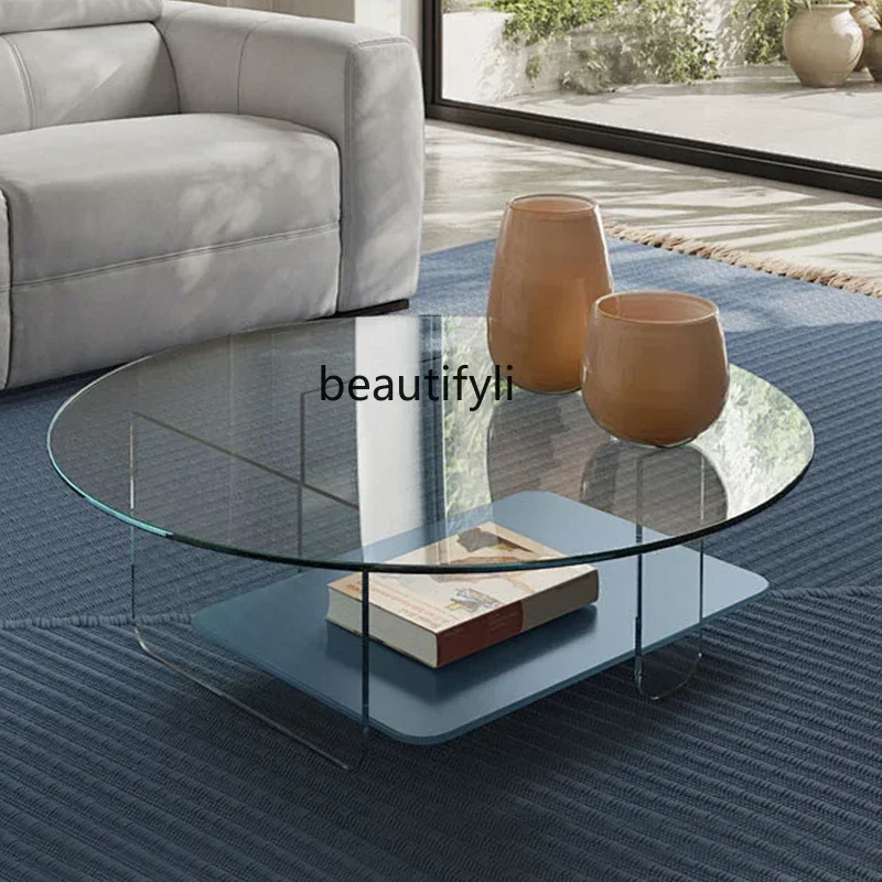 NQ52 Great discounts Italian original designer glass artwork, Italian minimalist modern minimalist living room round coffee tabl