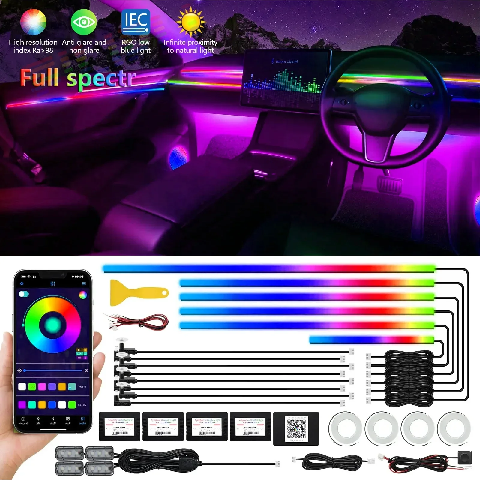 22 In 1 Full Color Streamer Car Ambient Lights RGB 64 Color Universal LED Interior Hidden Acrylic Strip Symphony Atmosphere Lamp