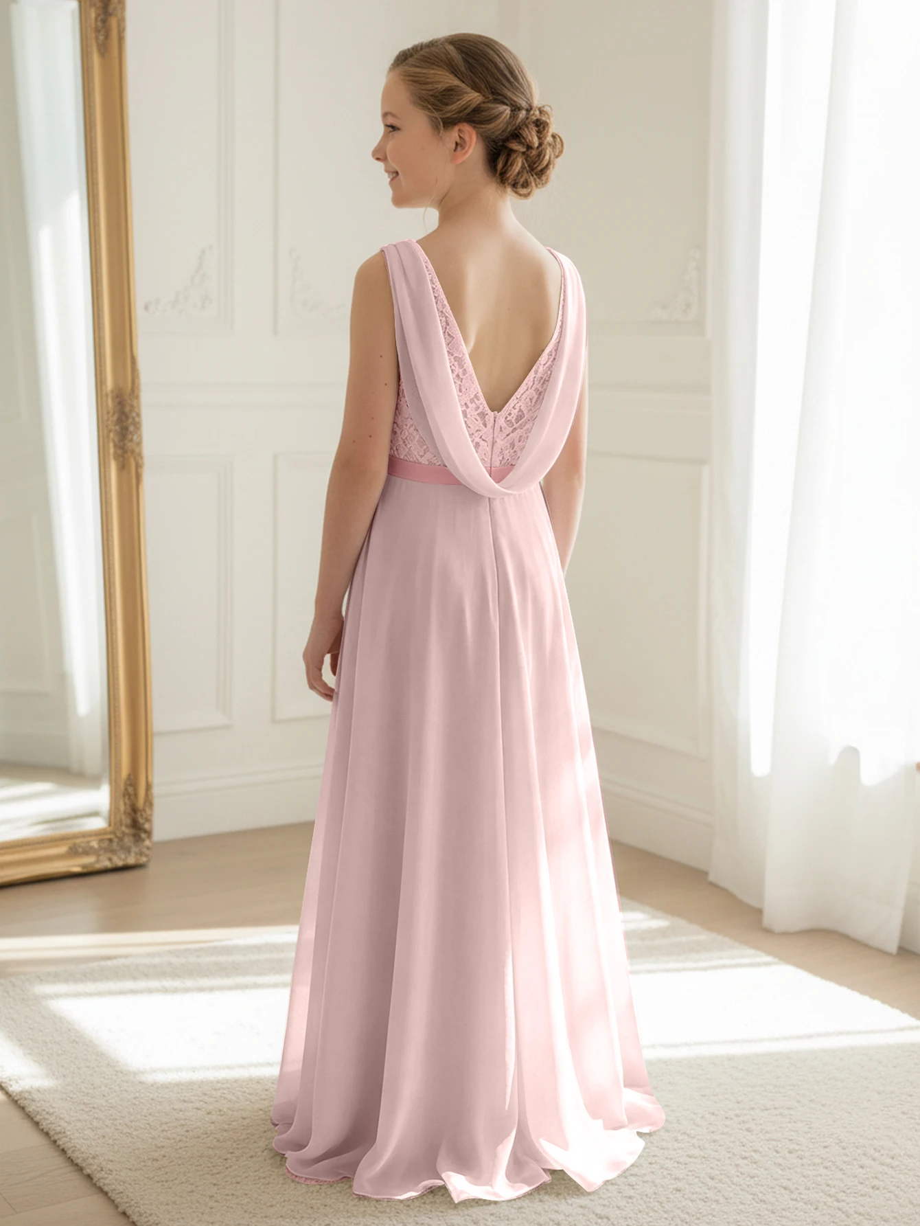 Dusty Pink Junior Bridesmaid Dress Sleeveless Lace Chiffon Floor Length Flower Girl Dress Back Cowl V Neck Kids Wedding Formal Party Evening Gown