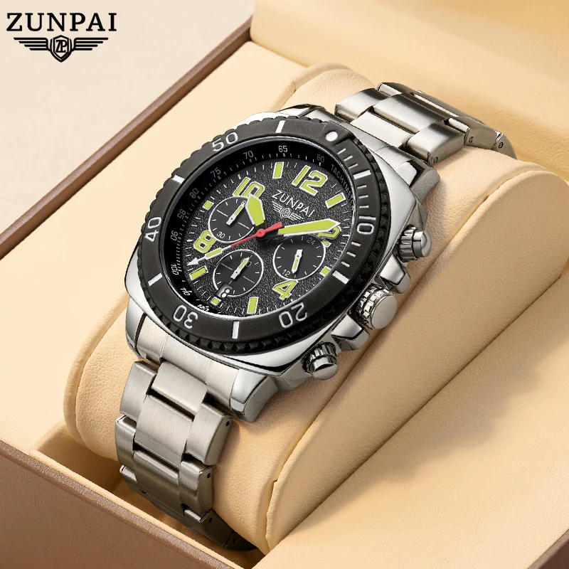 ZUNPAI Original Design Men's Watch Stainless Steel Top Brand Luxury Green Waterproof Sports Quartz Men's Relogio Masculino