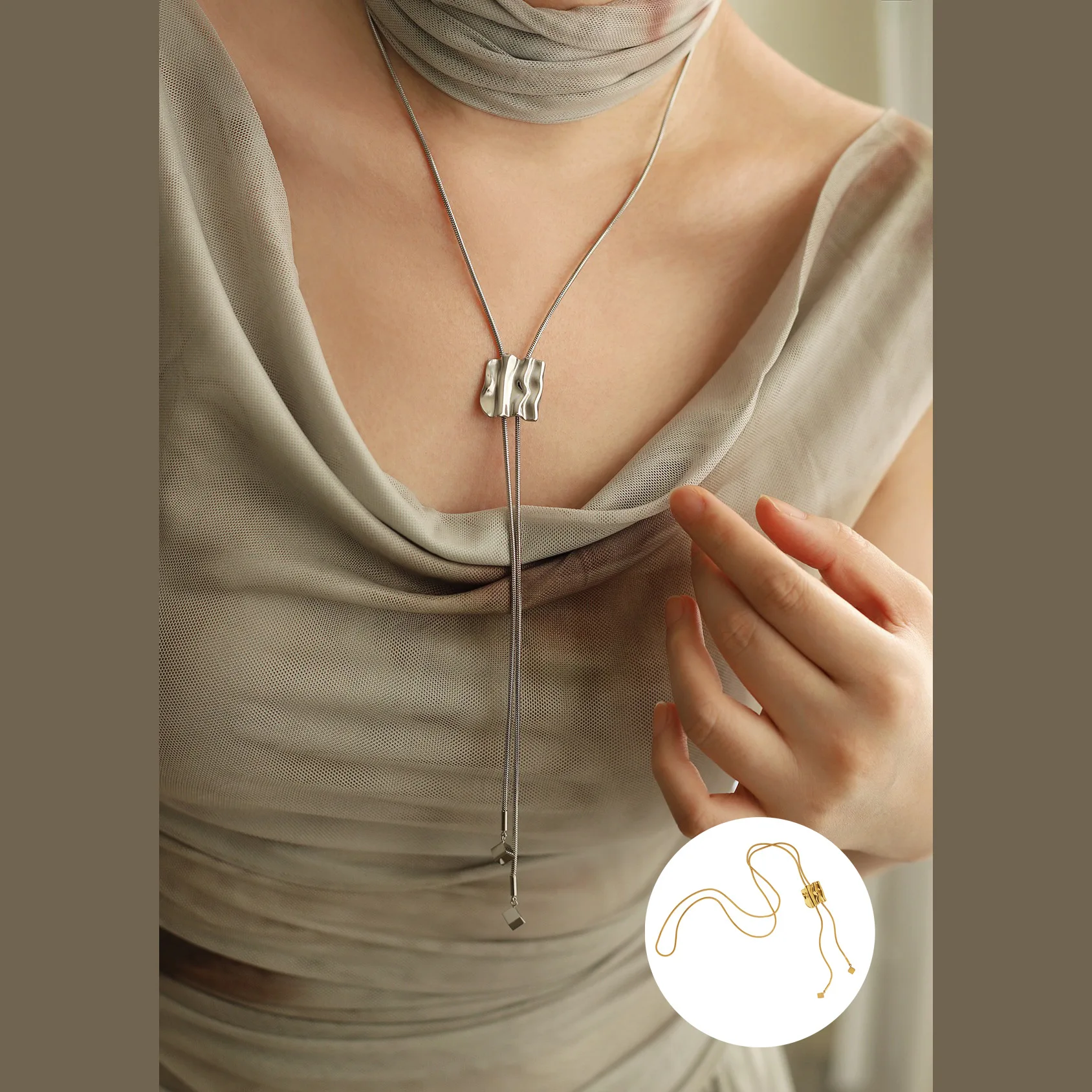 Distinctive Stainless Steel Adjustable Long Chain Drop Necklace PVD Plated Stain Less Metal Trending Jewelry New