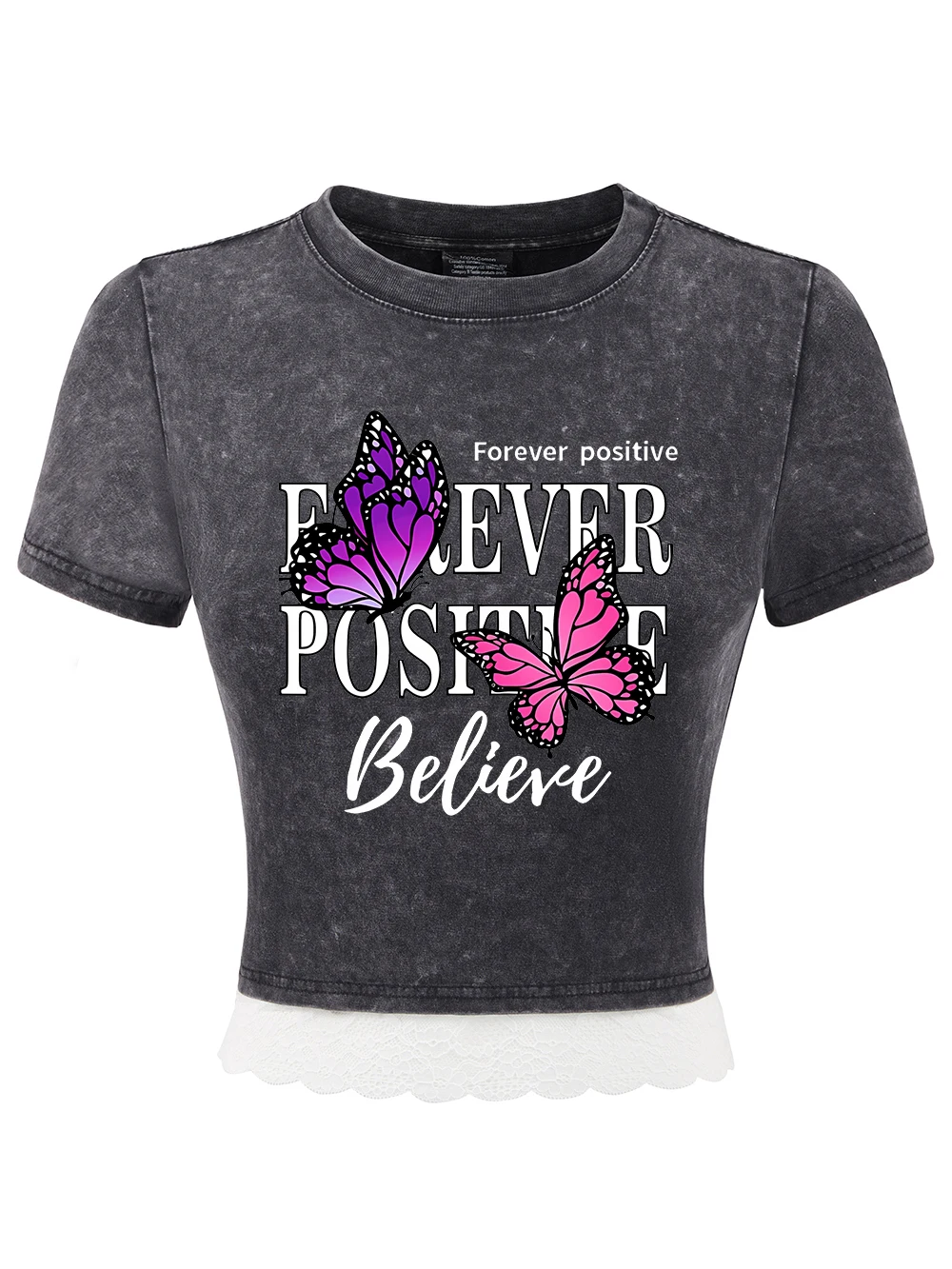 

Хлопковые укороченные футболки с принтом Forever Positive Believe, женские летние потертые футболки с кружевным подолом, потертые топы с круглым вырезом, повседневная одежда