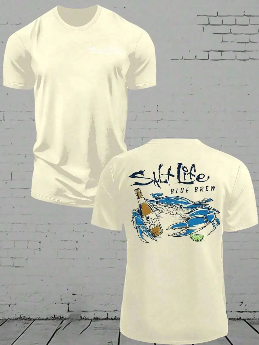 

Salt Life Blue Brew Crab: Distressed Oversized Graphic Tee - 220g Heavyweight 100% Cotton Men's Loose Short Sleeve
