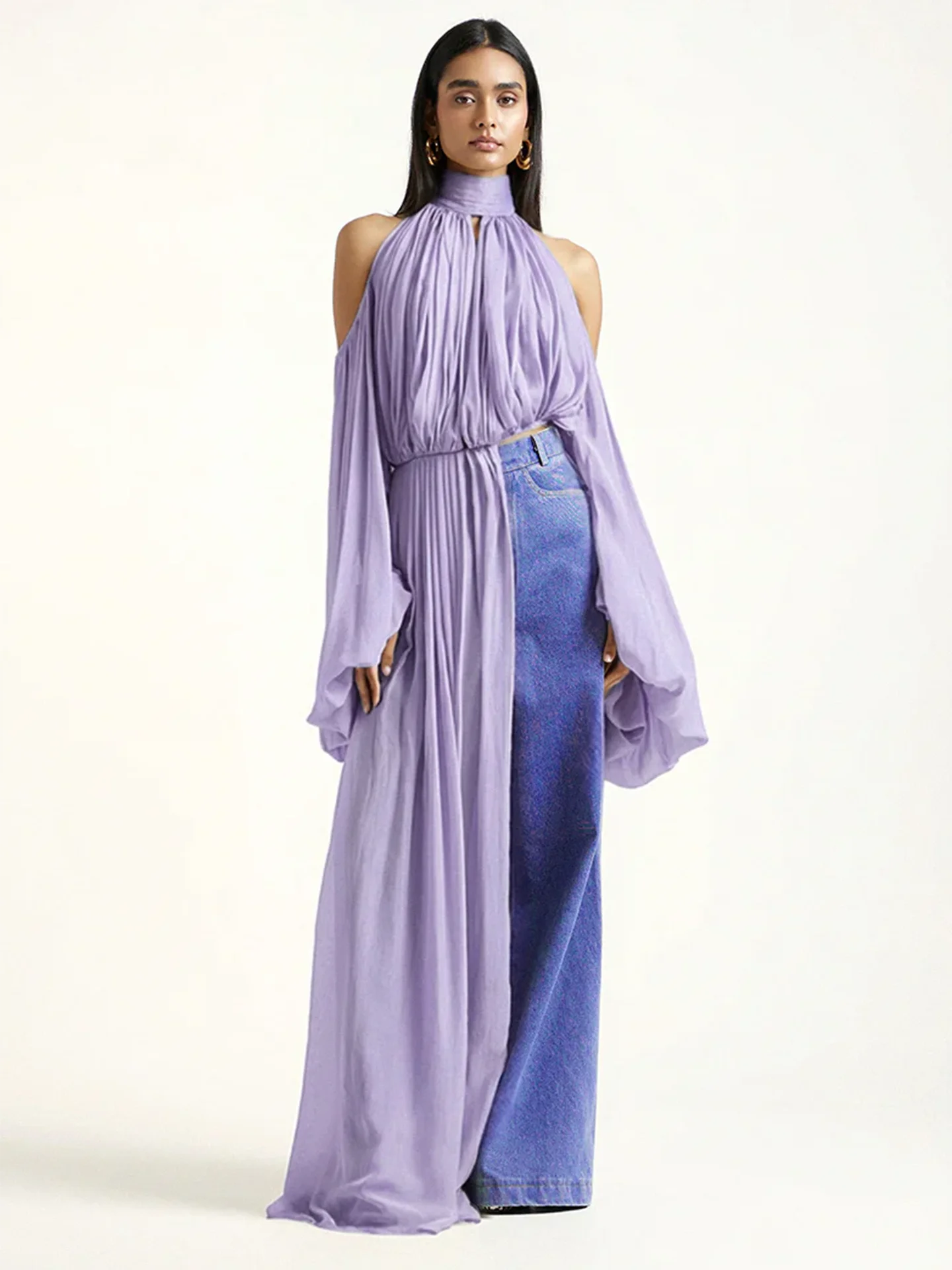 

VGH Fashion High Pure Desire Lightweight Maturity Style Neck Hanging Shoulder Long Sleeve Top Single Side Sash Asymmetrical D...