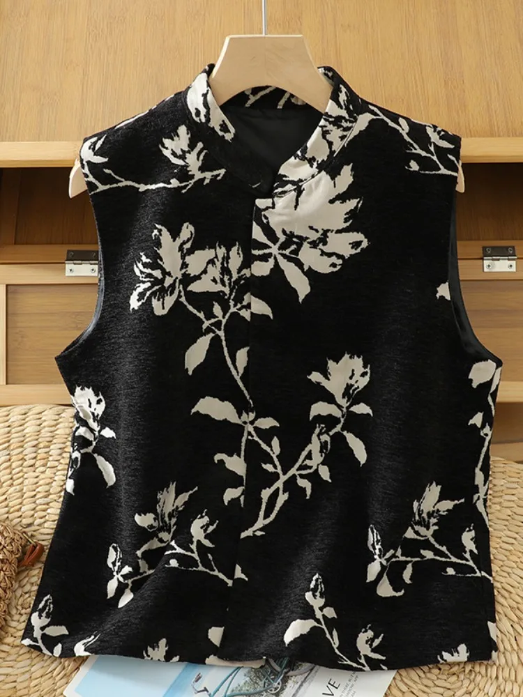 New National Style Black White Ink Painting Printed Vest Women's Autumn Outerwear Fashion Sensation Sleeveless Top