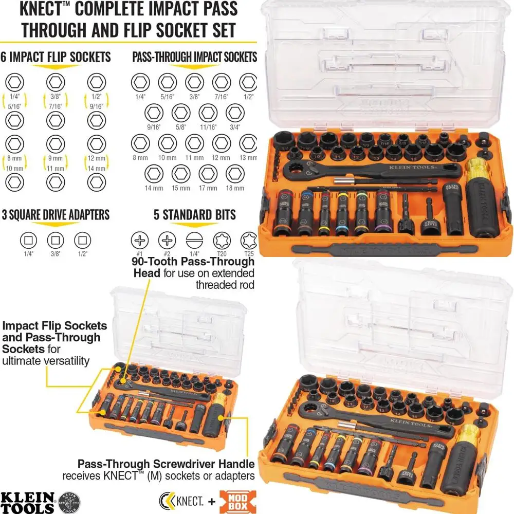 

65500KNECT Набор ударных головок KNECT, набор проходных головок SAE и метрических систем, трещотка с 90 зубьями, корпус MODbox, SAE, метрическая, отвертка