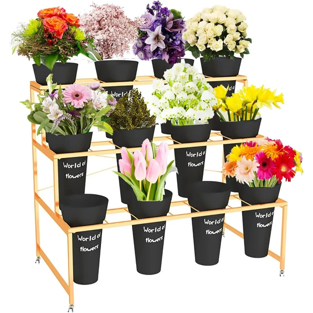 

Flower Display Stand With 12PCS Buckets, 3 Layers Metal Plant Stand with Wheels, Heavy Duty Moving Plant Cart Shelf