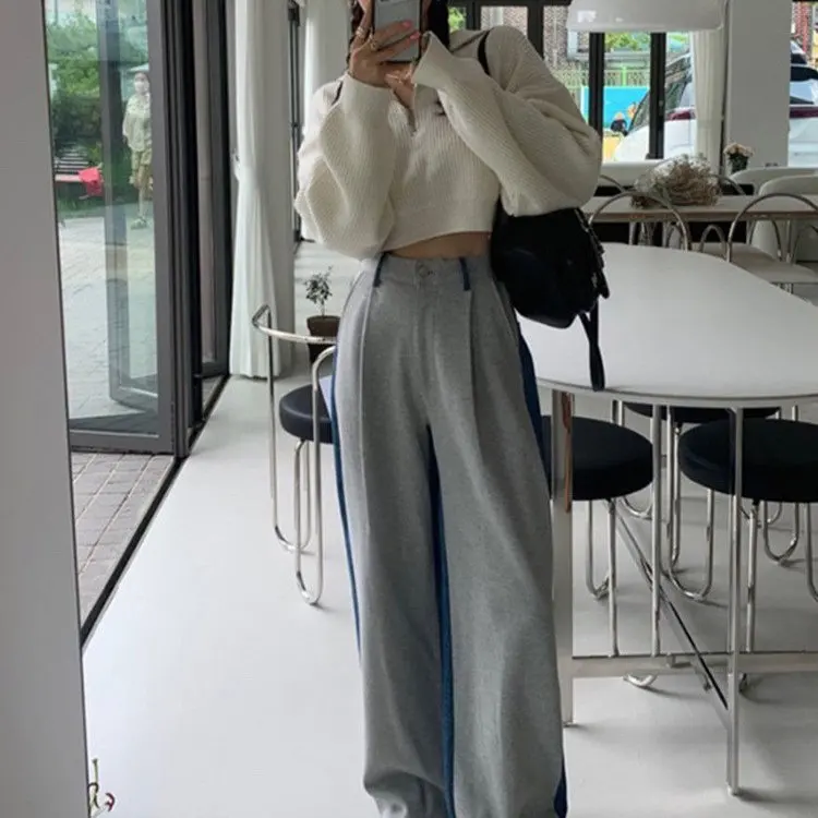 New Arrival Casual Style Color Block Design Jeans High Waist Long Trousers Elastic Waist Slimming Floor Length Ladies Pants