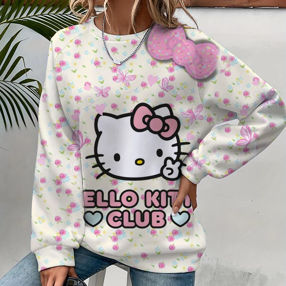 Women's Hello Kitty Coulomi Printed Sweatshirt, High Street Women's Hoodie, Y2K Pattern Clothing, Casual Round Neck Sweater