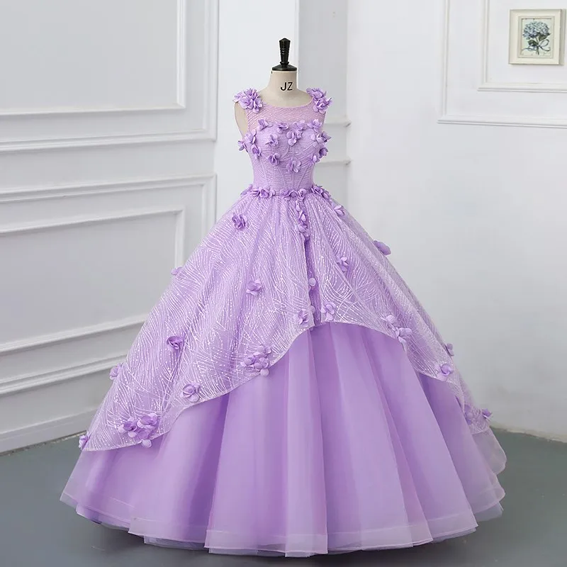 Vestidos de flores para quinceañera, apliques de hierba Primrose, cuello redondo, vestido de baile brillante de talla grande, vestido de graduación, Vestidos de Princesa 15 años, 2023