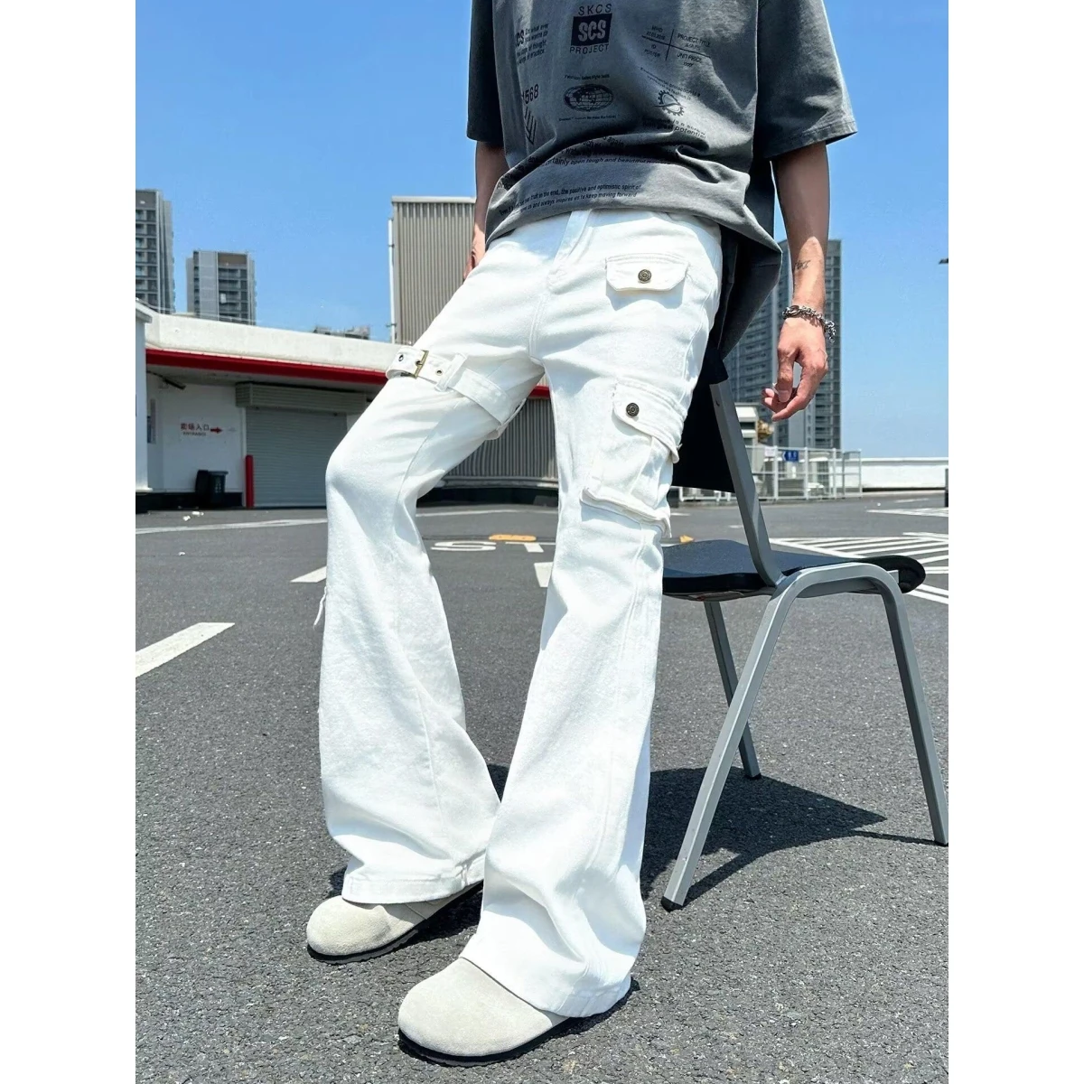 

White High Waist Straight Leg Jeans Women's Loose Fit Flip Cover Pockets Slimming Wide Leg Floor-Length Pants Autumn Winter N...