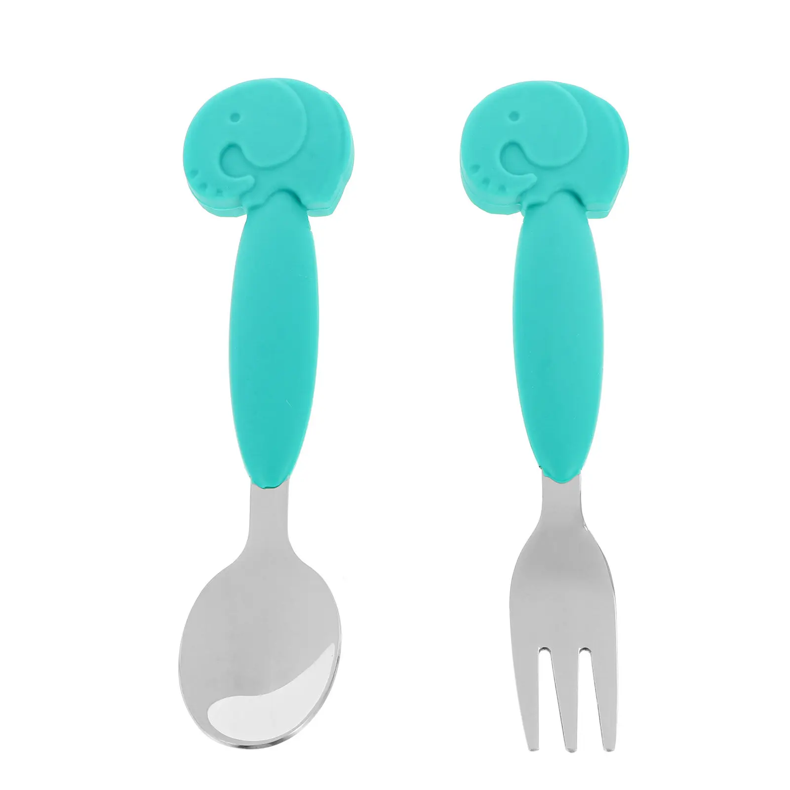 2Pcs Stainless Steel Fork Spoon Toddler Training Tableware Silicone Baby Self-Feeding Utensils Non-Slip Handles Baby Learning