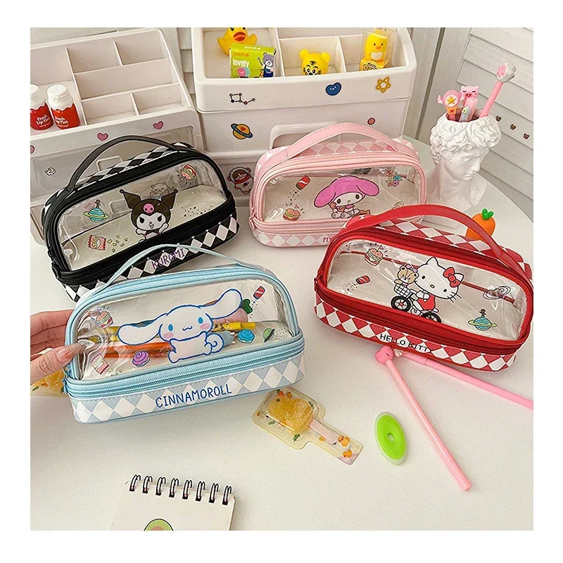 Kawaii cartoon Hellokity Kuromi large capacity transparent double-layer pencil case cartoon cute cinnamon stationery pencil case
