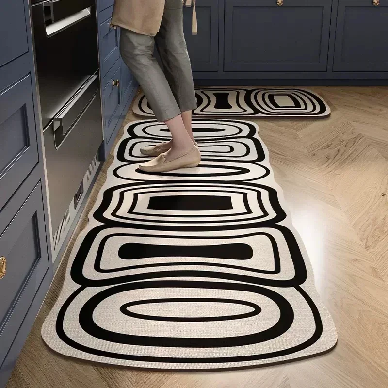 Tapis de sol en cuir en polymère imperméable, tapis de cuisine, tapis de pied non ald, long, résistant à l'huile, noir et blanc lea, décoration de la maison, PVC