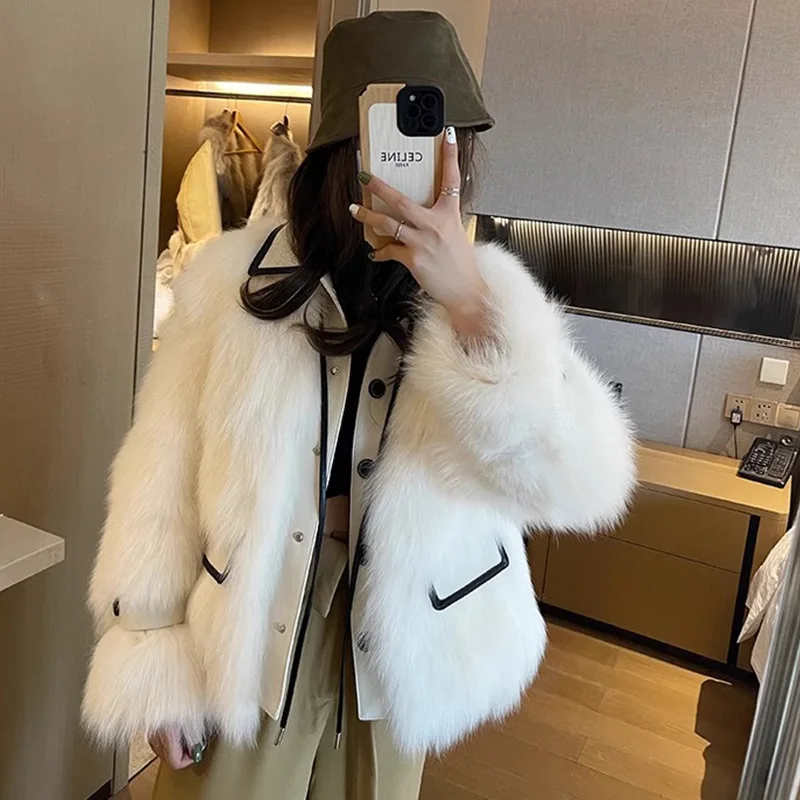 معطف فرو صناعي للنساء سترة من الفرو بأربطة وياقة مقلوبة وأكمام طويلة واحدة الصدر فضفاضة غير رسمية للمكتب للسيدات لخريف وشتاء 2025