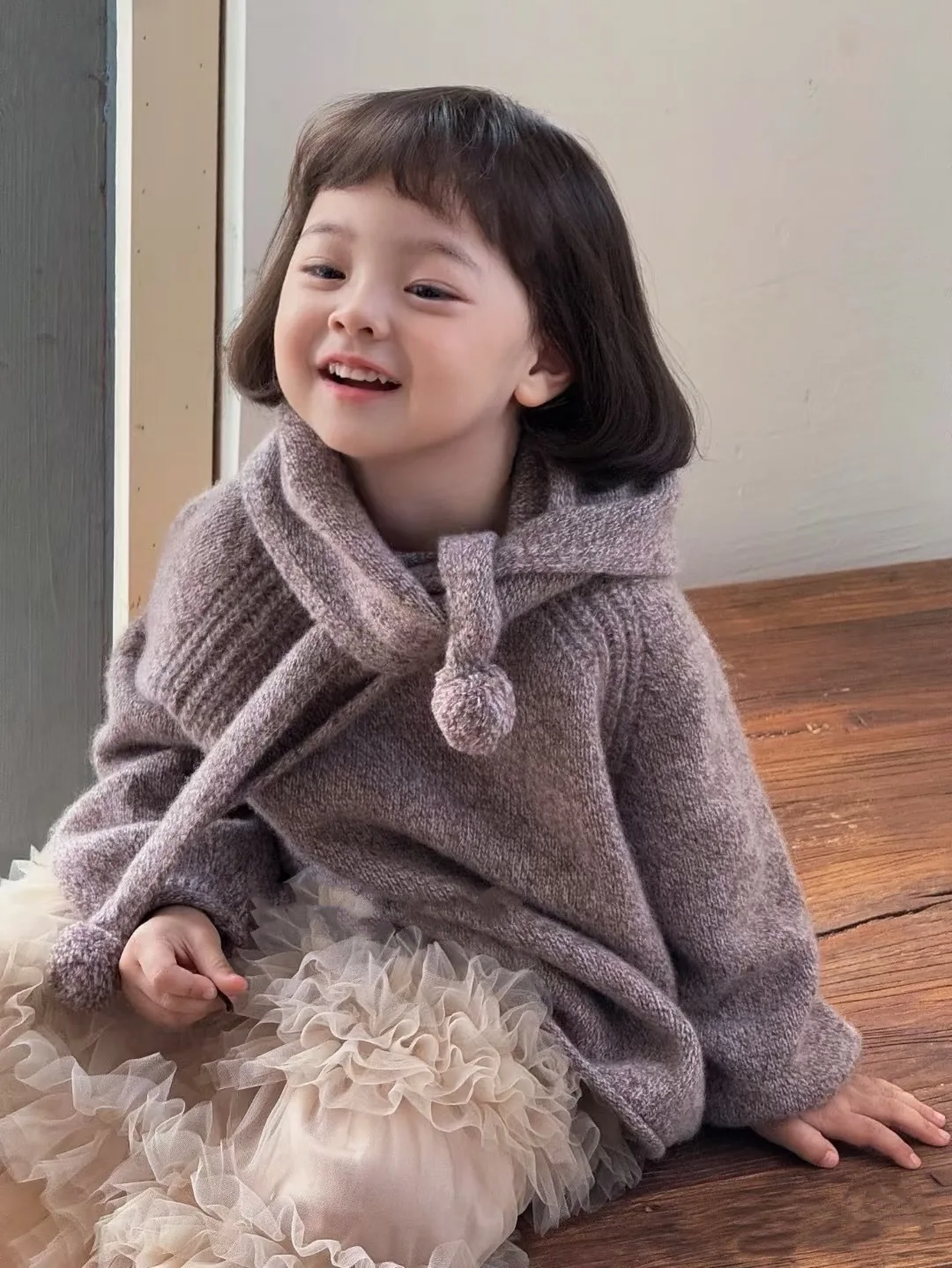 Korean Children Clothing 2024 Autumn Winter New Pure Purple Knit Suit Girl Warm Long Sleeve Sweater Cute Cake Knitted Skirt Set