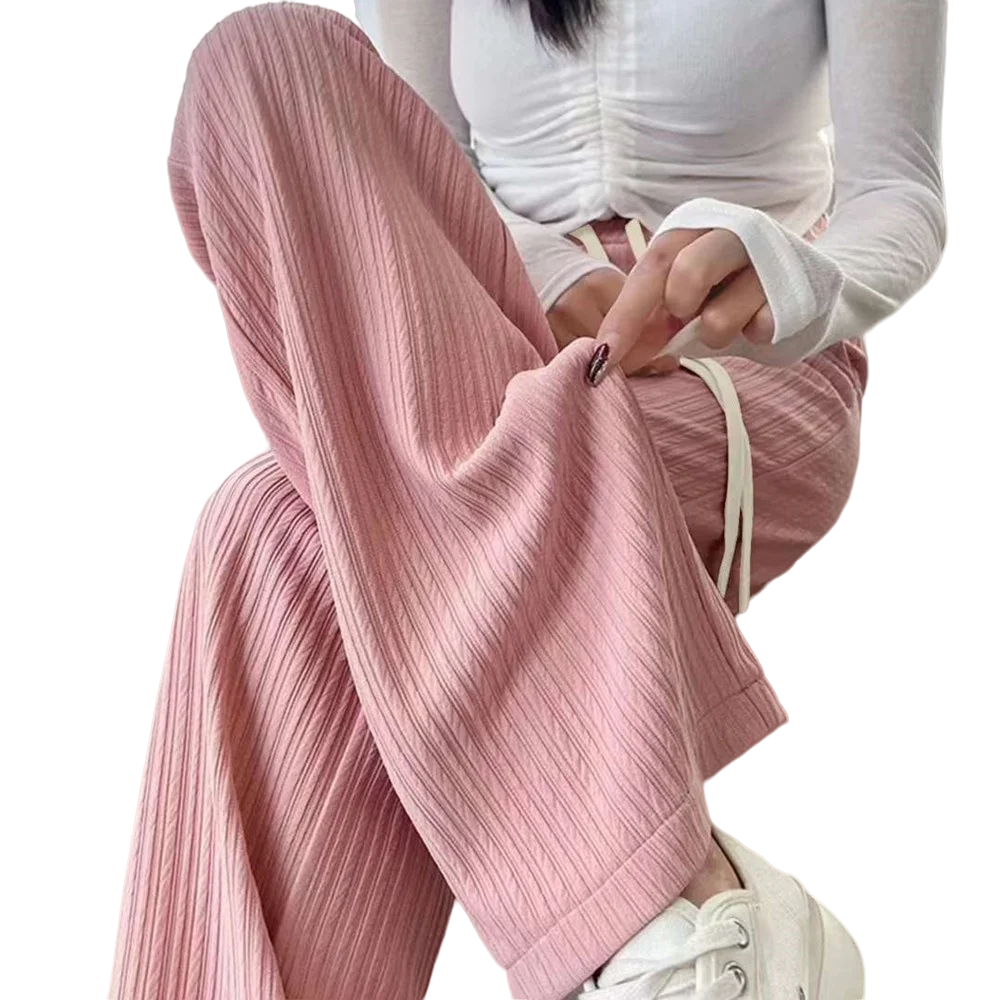 Summer Cool Ice Silk Straight Pants Women Fashion High Waist Wide Leg Trousers Female Solid Sagging Feeling Baggy Casual Pants
