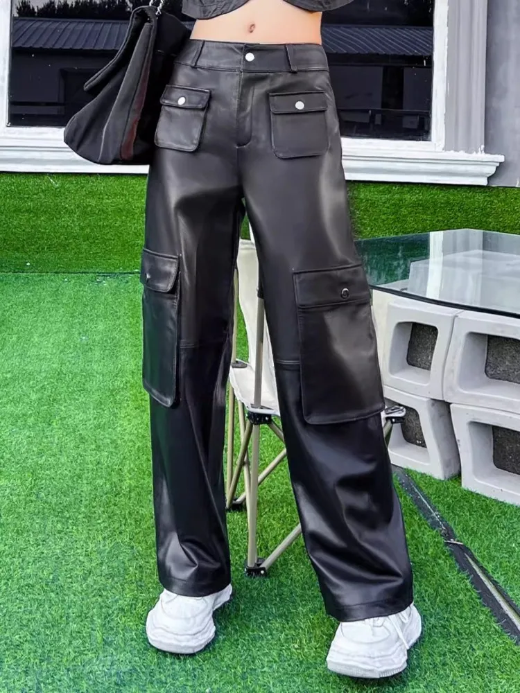 Boyfriend Style Women Multi Pockets Straight Pants Real Sheepskin Genuine Leather Cargo Pants Spring Autumn Long Trousers Female