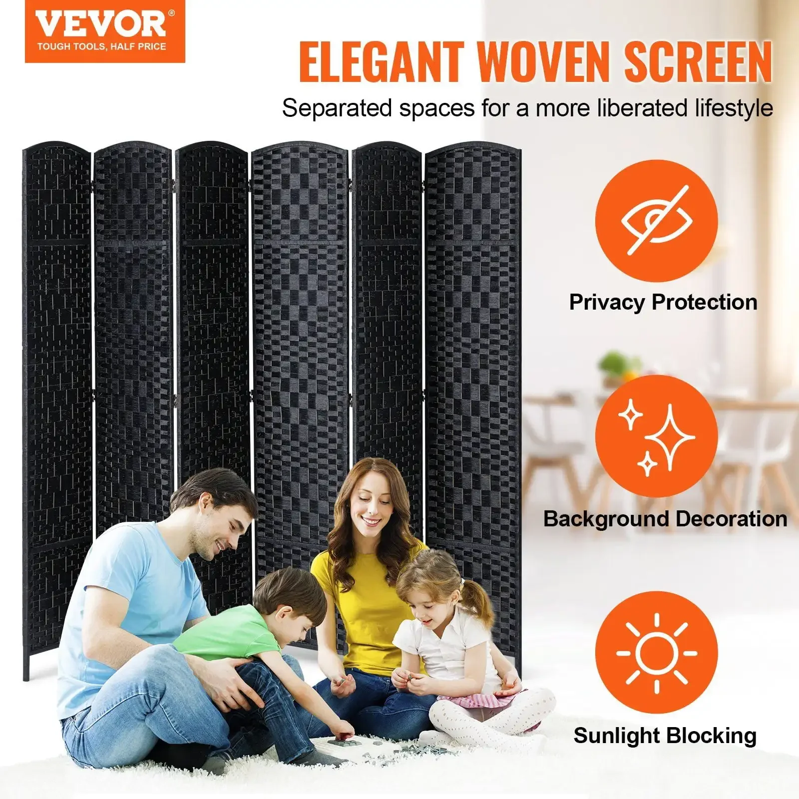 6 Panel Room Divider Hand-Woven Folding Privacy Screen with Hinges