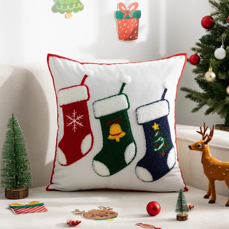 Pillowcase (without Insert) Towel-embroidered Santa Claus and Snowflake Cushion Cover Luxury Minimalist Sofa Cushion Cover