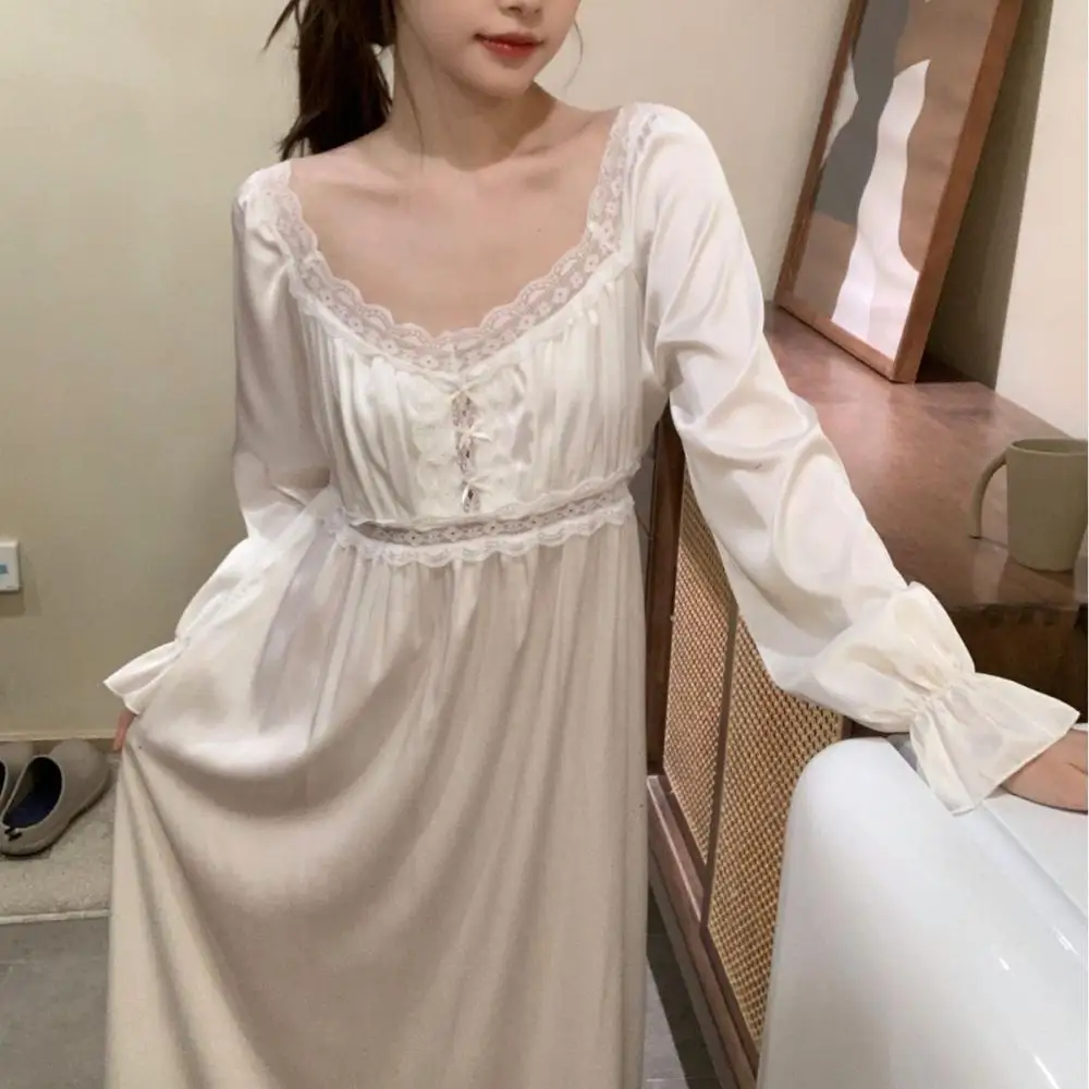 White Nightgown Elegant Lace Trim Home Dressing Gown Long Elegant Nightdress Women Elegant Loungewear Ice Silk Sleepwear