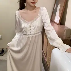 White Nightgown Elegant Lace Trim Home Dressing Gown Long Elegant Nightdress Women Elegant Loungewear Ice Silk Sleepwear