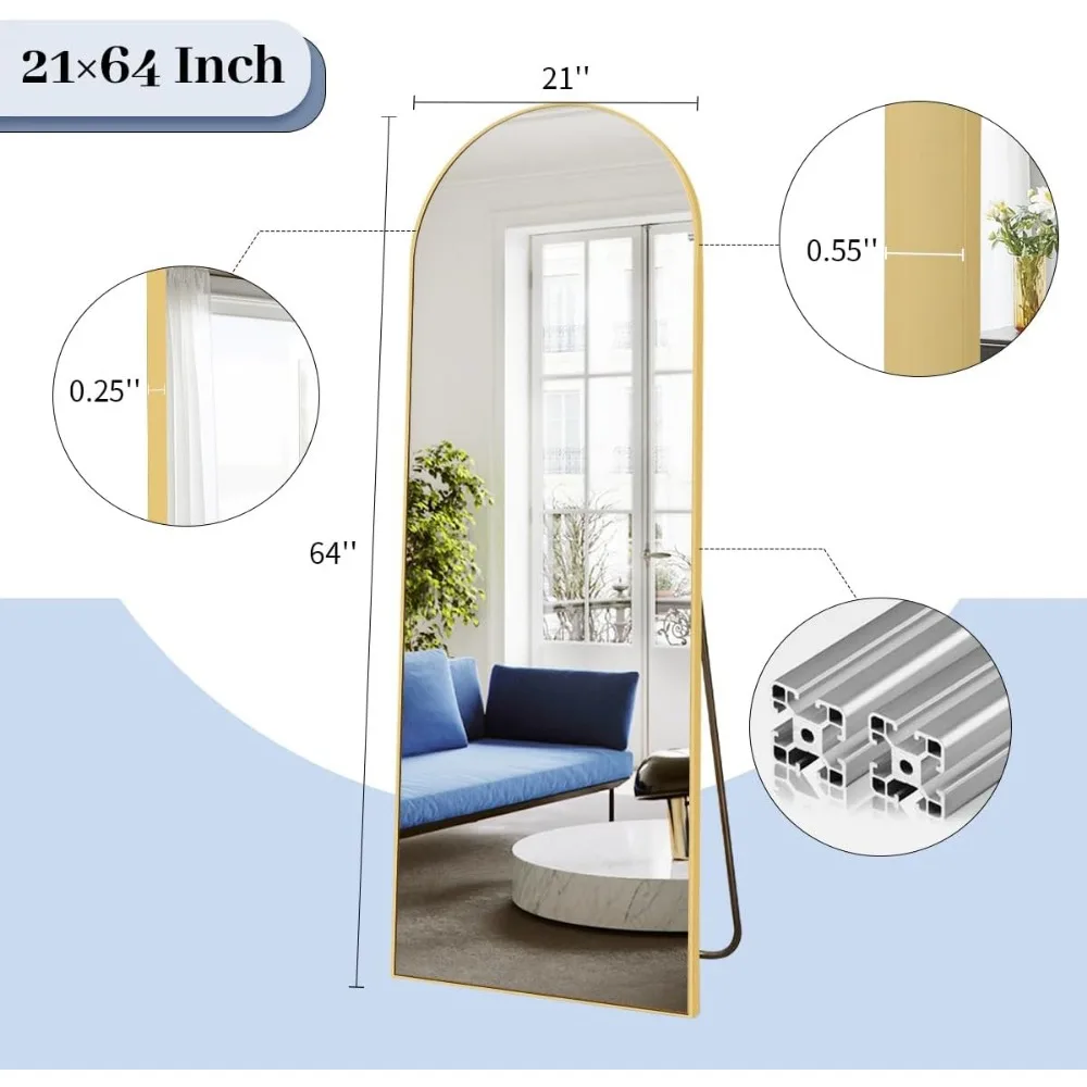 Espejo de piso de arco de 64 "x 21", colgante de pared de longitud completa o inclinado arqueado, espejo de cuerpo completo con soporte para dormitorio, vestidor