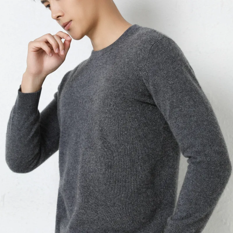 100% Pure Cashmere Men's Solid Color Sweater 23 Autumn Winter New Round Neck Casual Pullover Versatile Knitted Long Sleeved Top