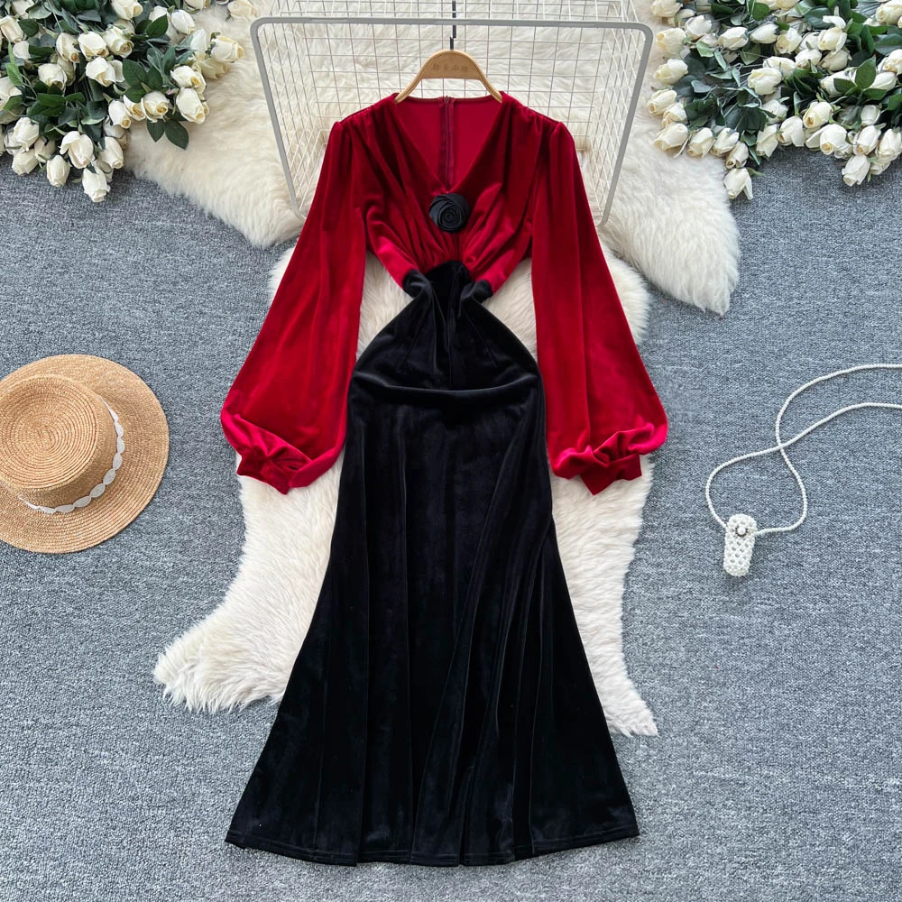 

Chic vintage patchwork floral long sleeve Long dress korean fashion autumn women clothing ceremony dresses