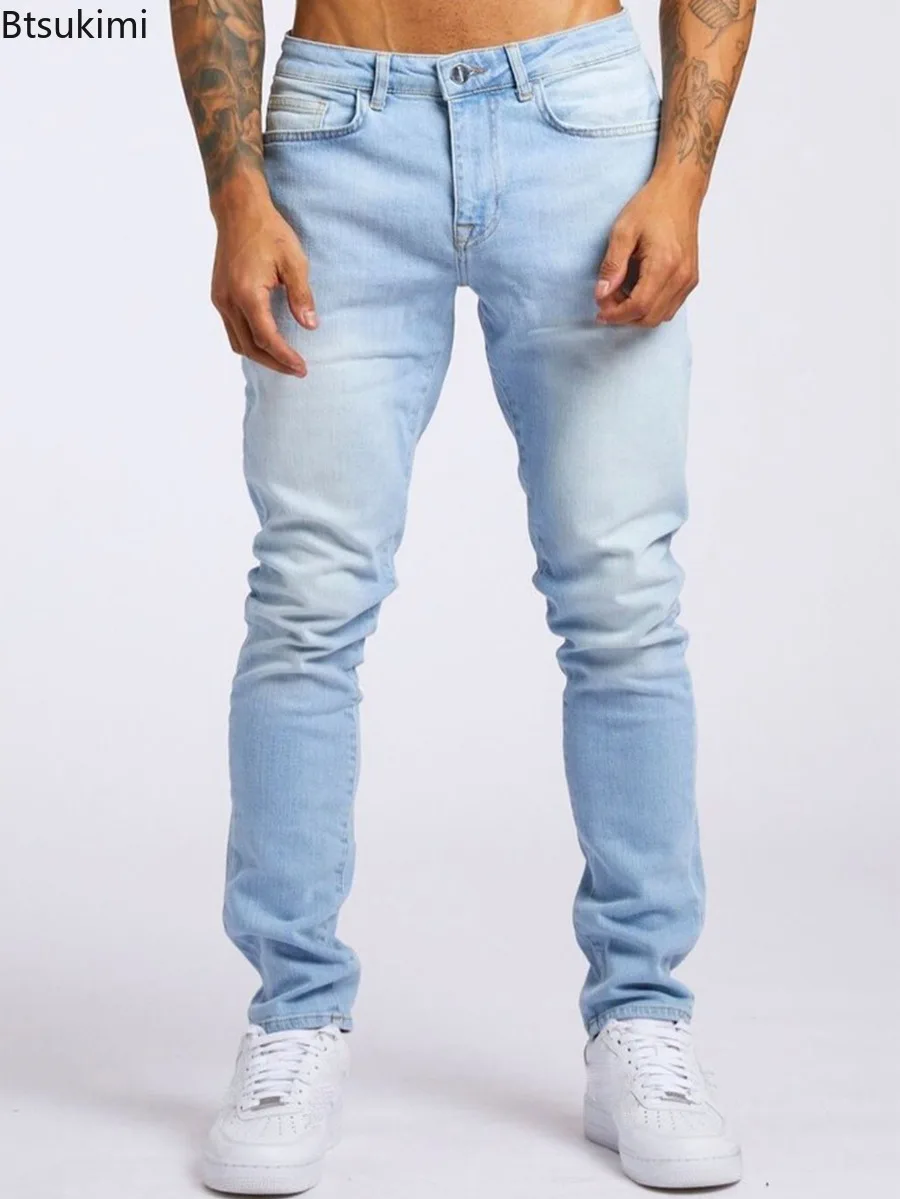 New Men's Washed Jeans Vintage Pencil Pants Mid Waist Pockets Button Zipper Fly Basics Ankle Length Trousers Casual Denims Jeans