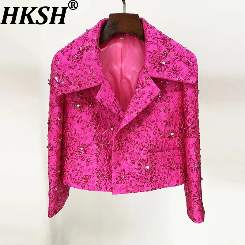 

HKSH Women Chic Jacket Jacquard Luxury Beaded Sequined Coat Short Sleeves Waist Cinching Elegant Dress Spring Autumn HK10614