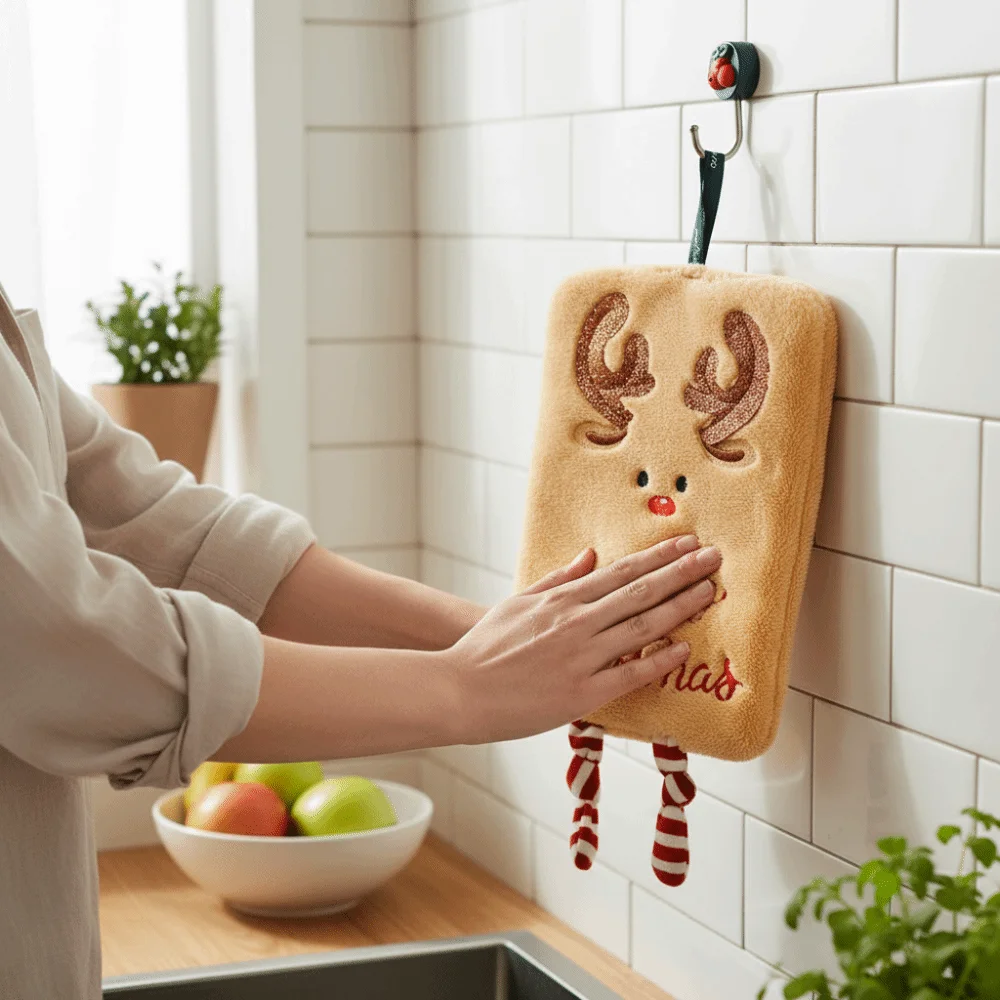 Coral Fleece Merry Christmas Hand Towel Embroidered Pattern Cartoon Snowman Santa Claus Kitchen Towel Quick-drying