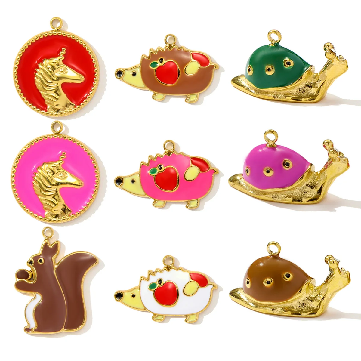 Lote de 3 unidades de collar de unicornio y erizo esmaltado de acero inoxidable, colgante 3D de ardilla y caracol DIY, joyería de animales bonitos para mujer