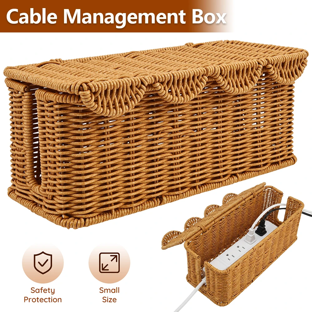 Cable Management Box Rattan Style Power Strip Hider Storage Basket with Lid Office Desk Charger Socket Network Cord Organizer