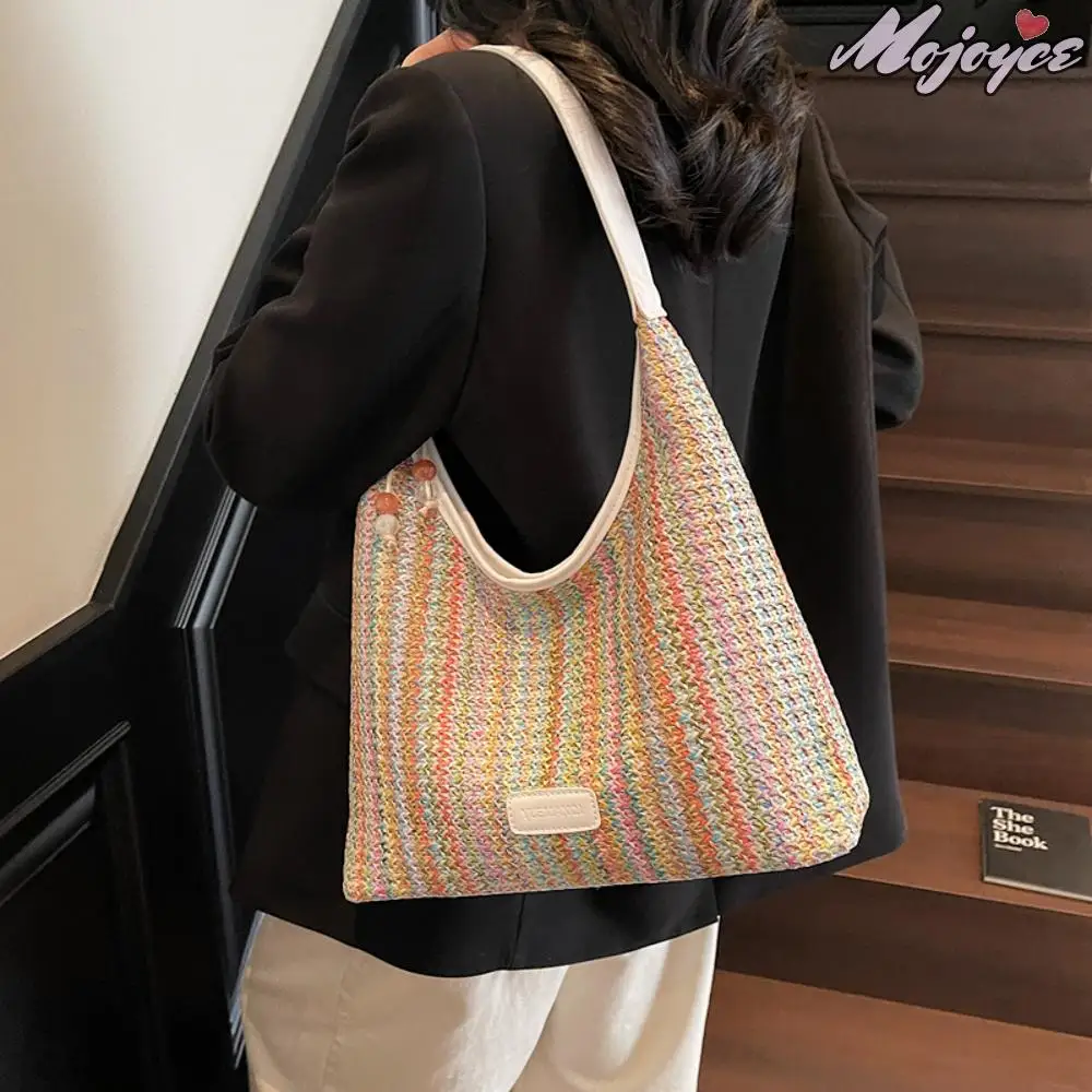 

Woven Straw Tote Bag Beach Shoulder Bags Hollow Handcrafted Underarm Pouch Striped Hand Woven Pouch Casual Travel Shopping Bag