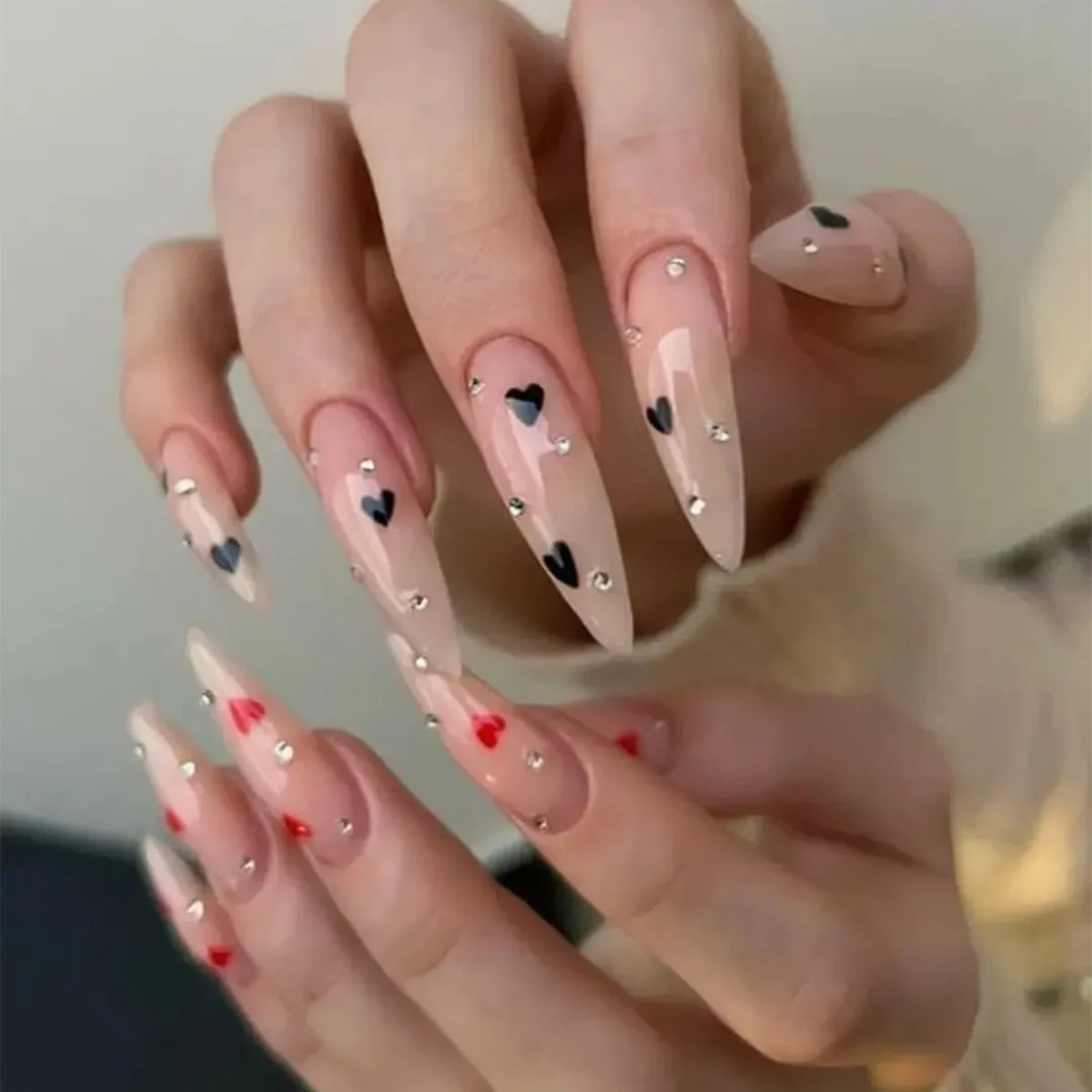 

24pcs French Black and Red Heart Print Press on Nails Manicure Wearable Nail for Women and Girls False Nail
