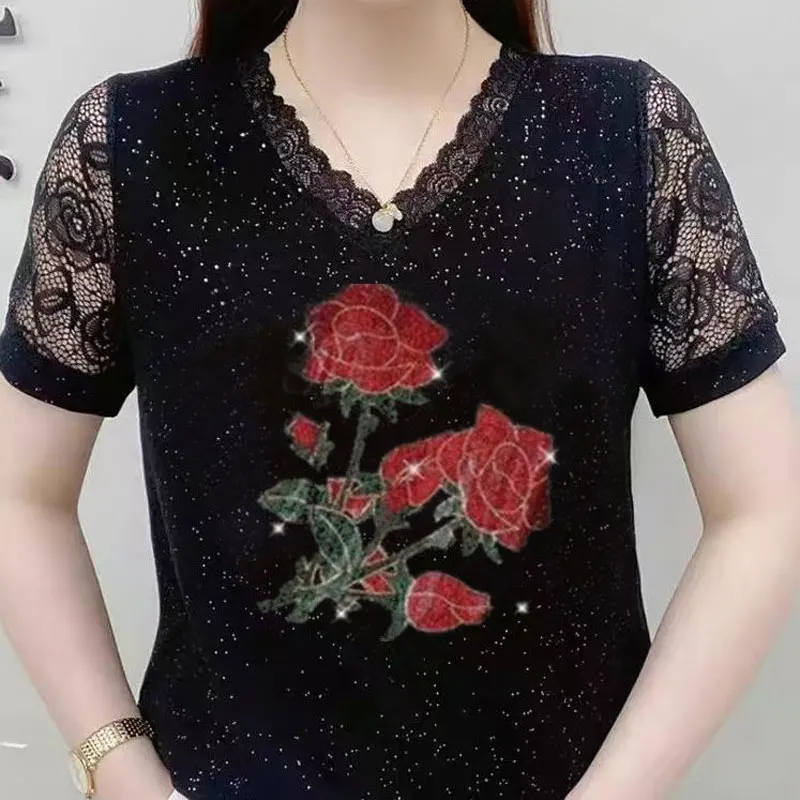 Fashion Diamonds Sequined Shirt 2023 Summer Short Sleeve Elegant V-Neck Lace Spliced Women\'s Clothing Hollow Out Loose Blouse