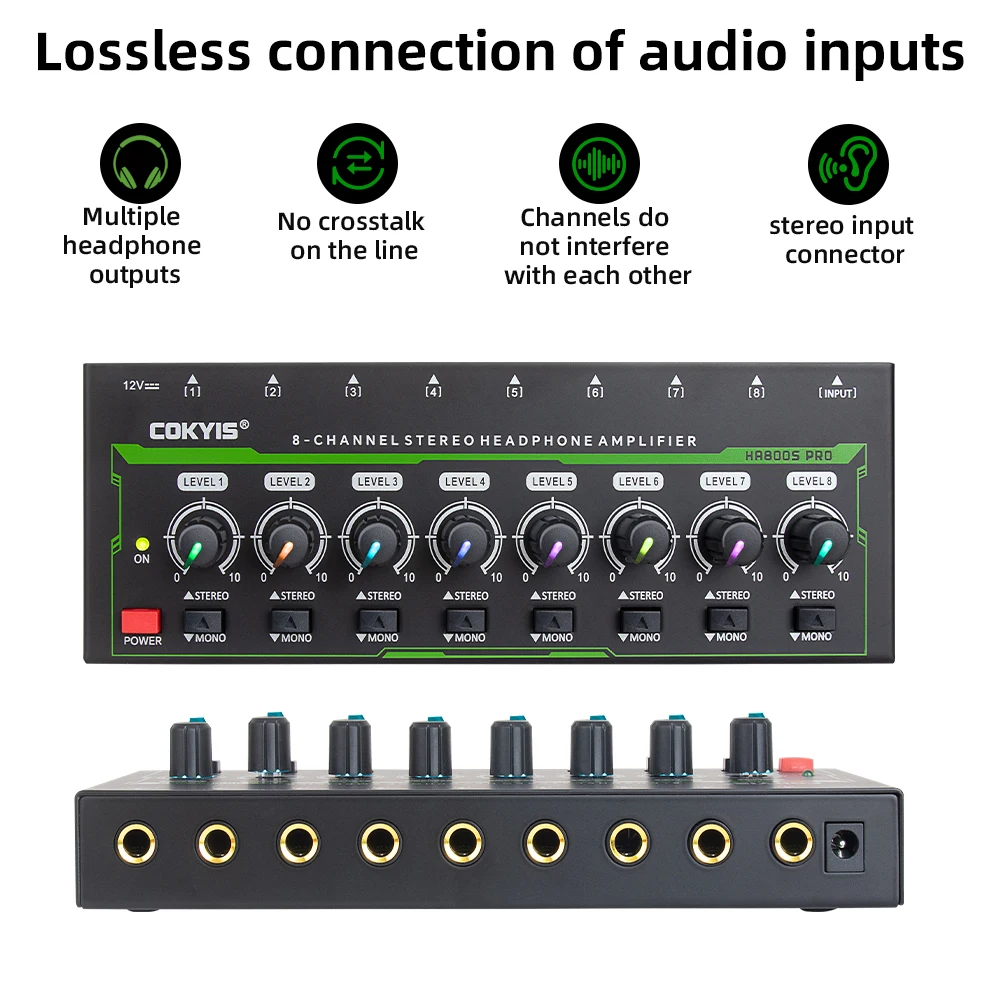 HA800S-PRO 8-Channel Headphone Amplifier with RGB Lighting Ultra-Low Noise High Fidelity Audio for Professional Studio Use