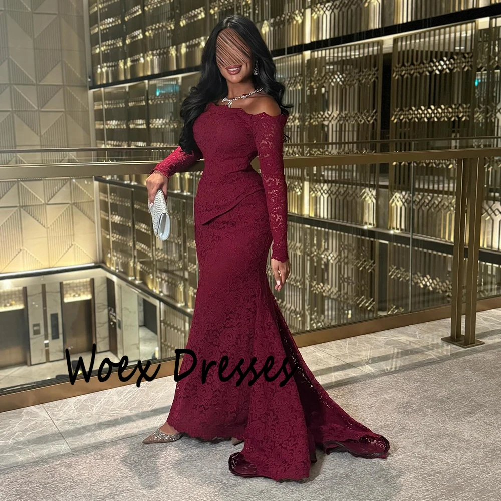 Vestido de noite personalizado com decote em barco, camisa borgonha, renda, mangas compridas, trem de varredura, vestido de festa, sereia, mangas compridas, vestido de festa