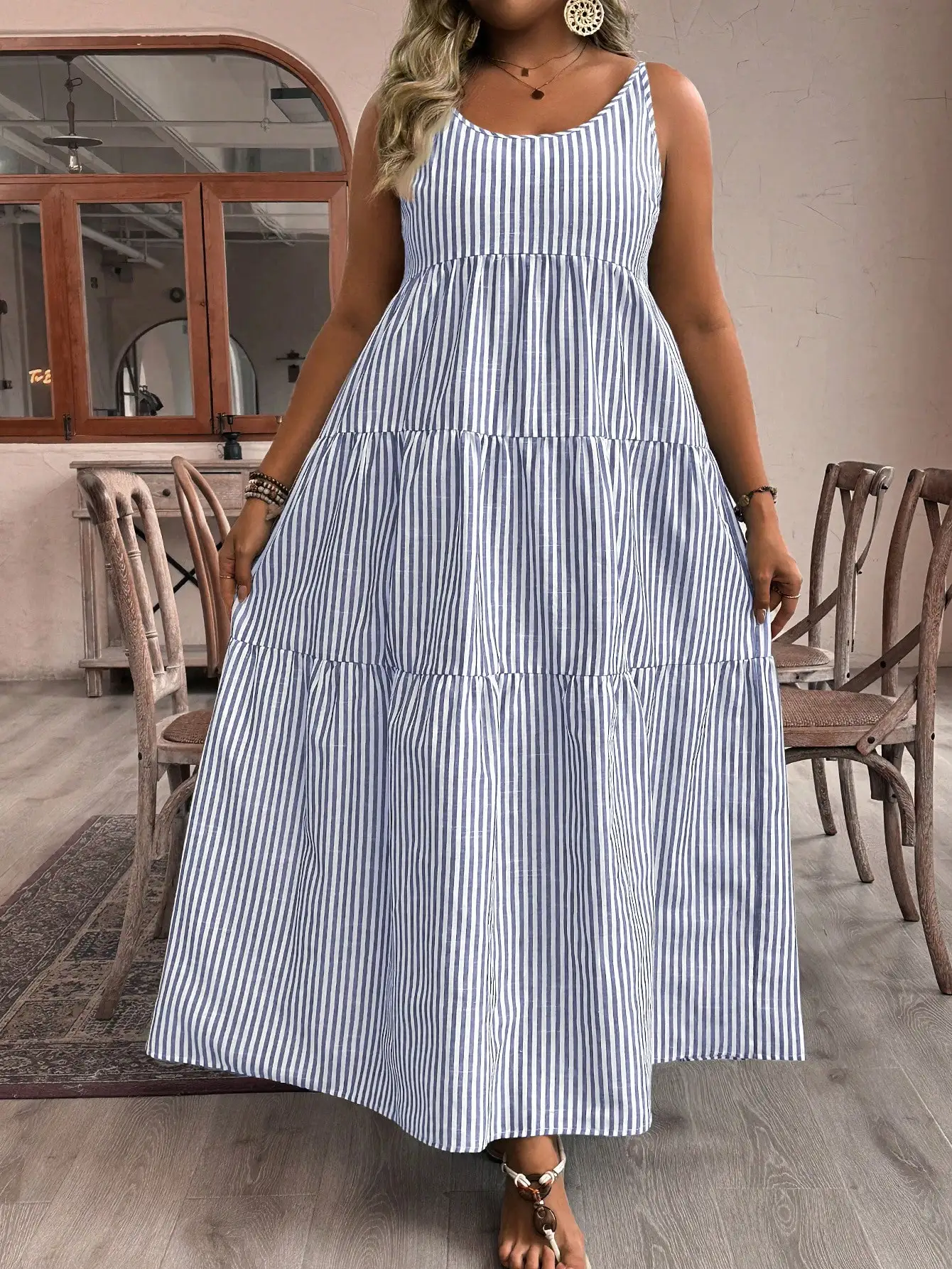 

Boho Striped Sleeveless Round Neck Tiered Maxi Dress For Summer Beach Holiday