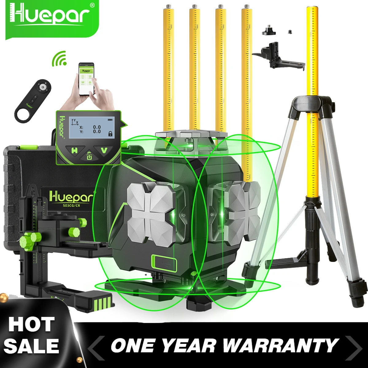 Huepar S04CG 16 Lines 4D Laser Level Green Beam Self-Leveling Cross Line Laser Level Tool Set With 3.7M Tripod,Remote Control