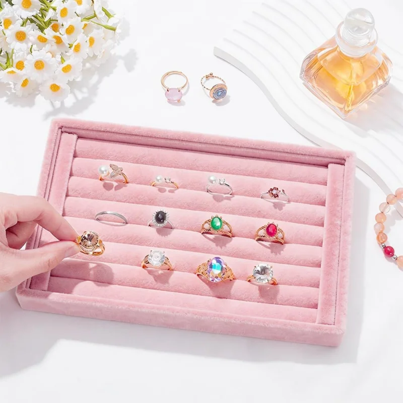 1Pc 7 Slots Pink Velvet Ring Tray Stackable Jewelry Organizer Trays Small Velvet Showcase Display Holder Box Drawer Organizers